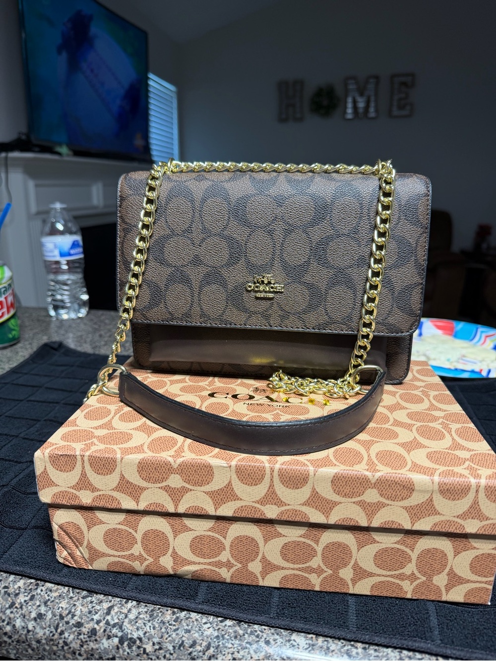 Coach Brown Signature Chain Shoulder Bag with Gold Chain
